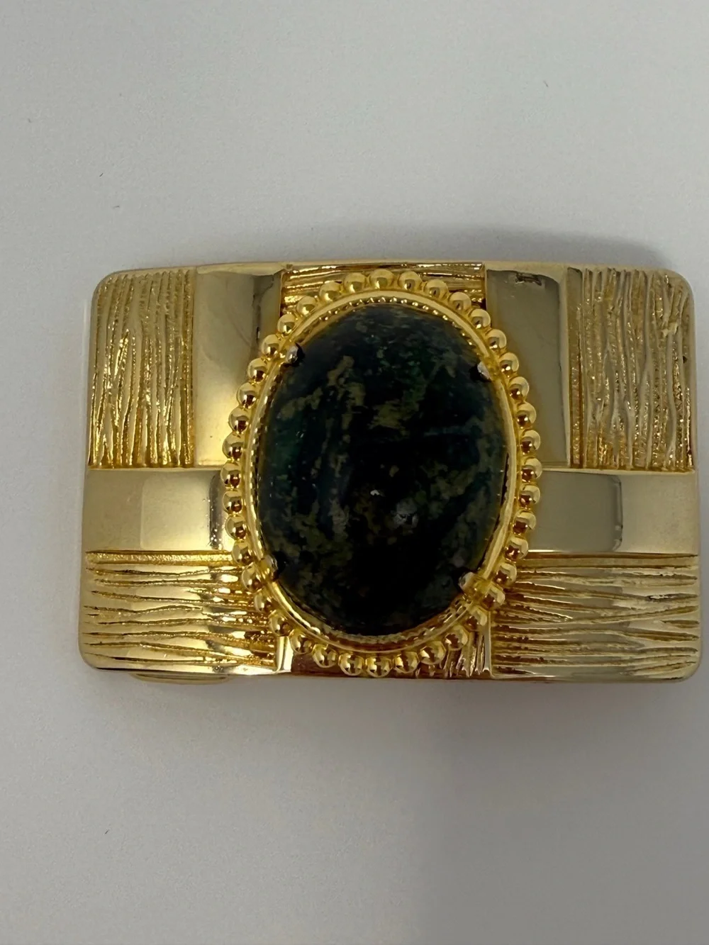 Vintage Gold Tone Belt Buckle Statement Green Stone Cabochon Rectangle Textured